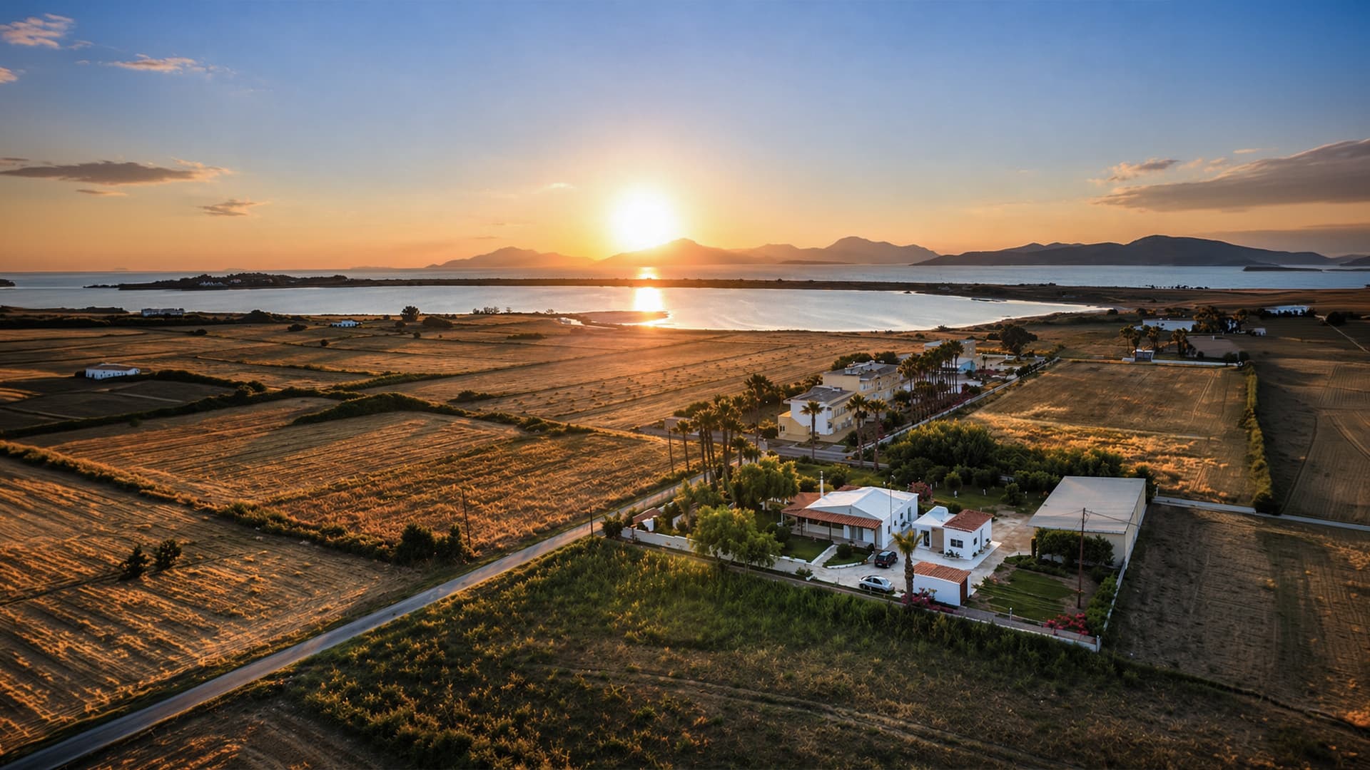 Aerial view of Stella's Holiday House at sunset, Kos Island